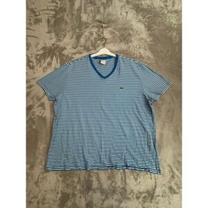 Lacoste Women's Blue White Striped V Neck‎ T Shirt Regular Fit Size 8